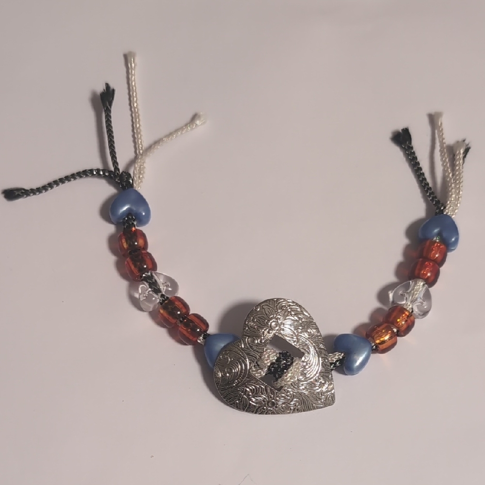 Silver‎ Heart Charm Beaded Bracelet